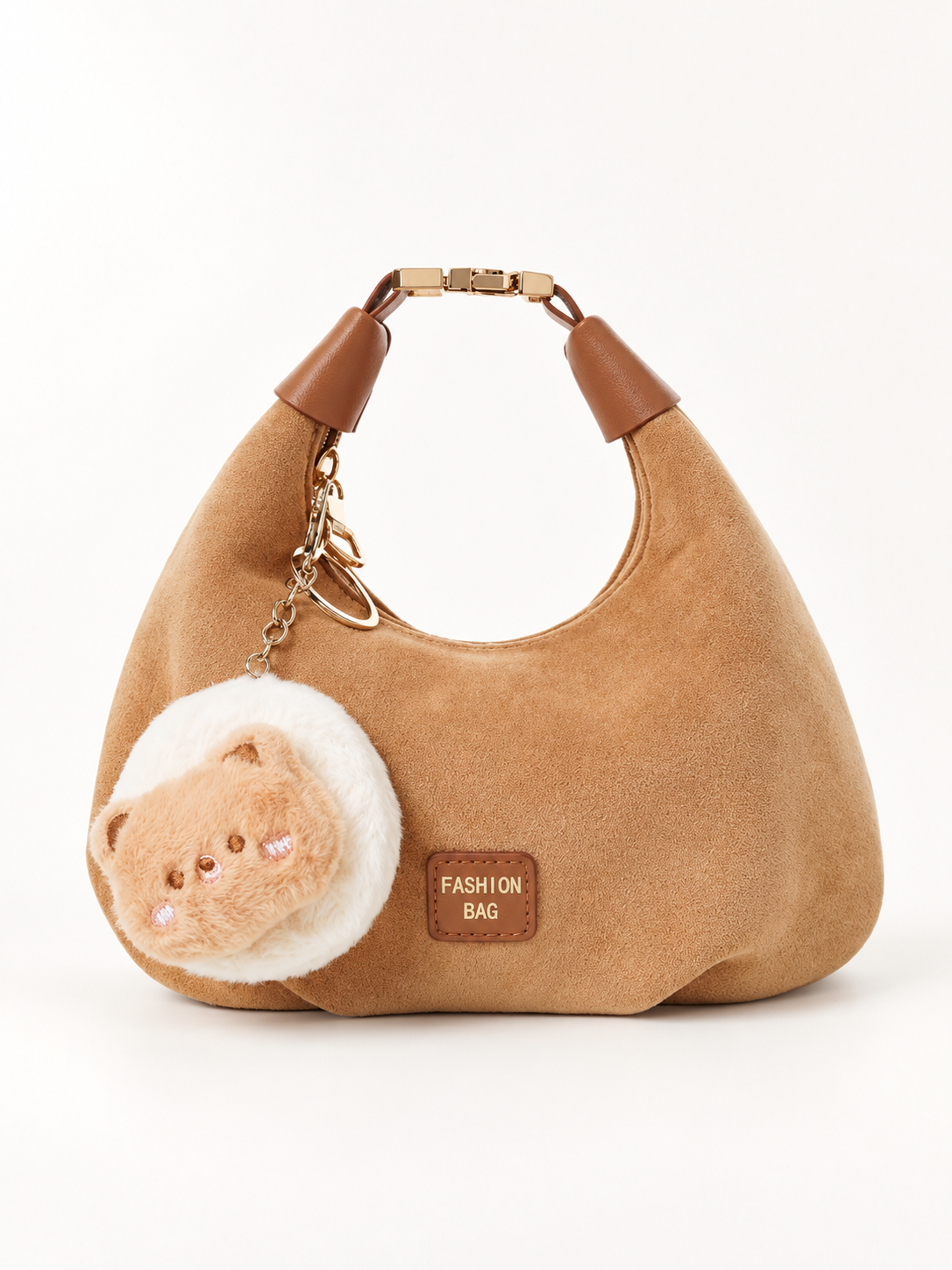 Maven Bear Charm Shoulder Bag in Caramel — studio view showing material and hardware.