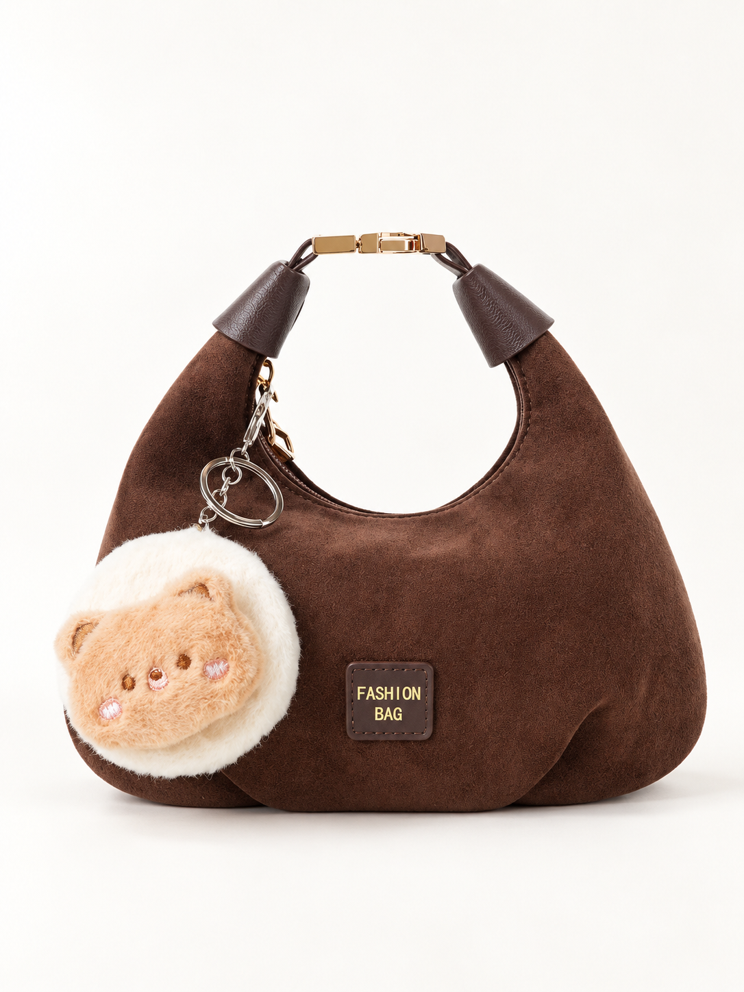 Maven Bear Charm Shoulder Bag in Chocolate — studio view showing material and hardware.
