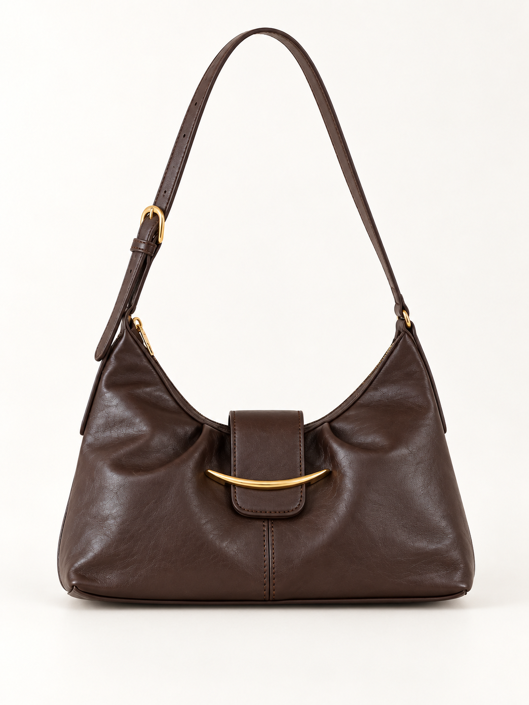 Maven Buckle Crossbody Bag in Coffee Brown — studio view showing material and hardware.