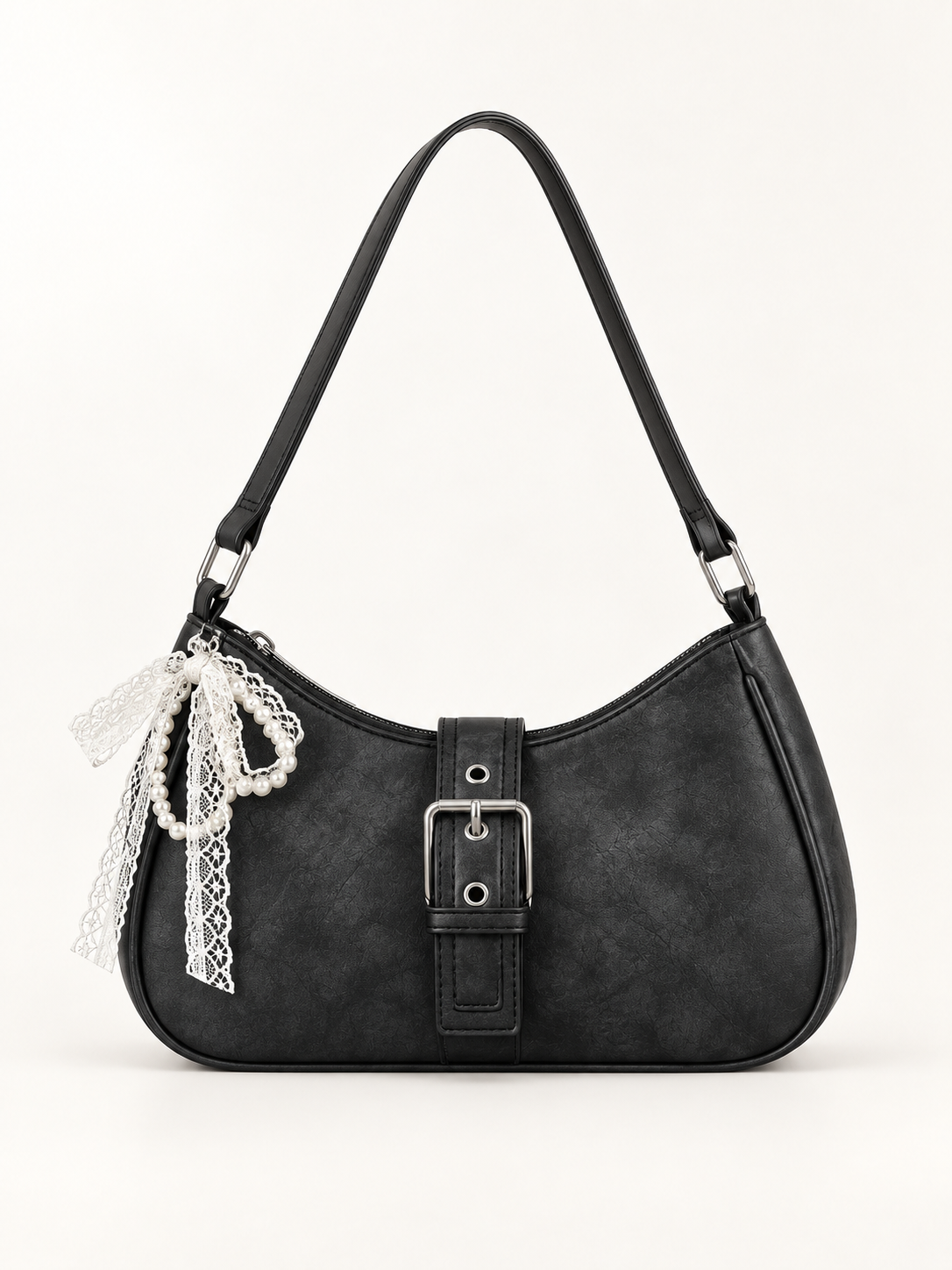 Maven Buckle Shoulder Bag in Black — studio view showing material and hardware.