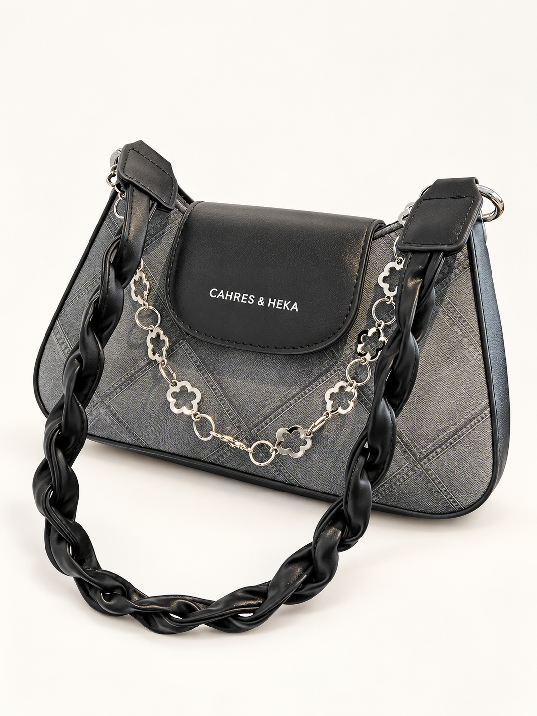 Maven Chain Detail Shoulder Bag in Black — studio view showing material and hardware.