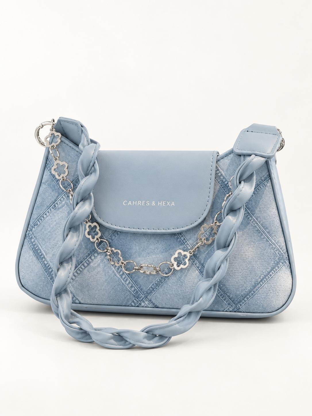 Maven Chain Detail Shoulder Bag in Blue — studio view showing material and hardware.