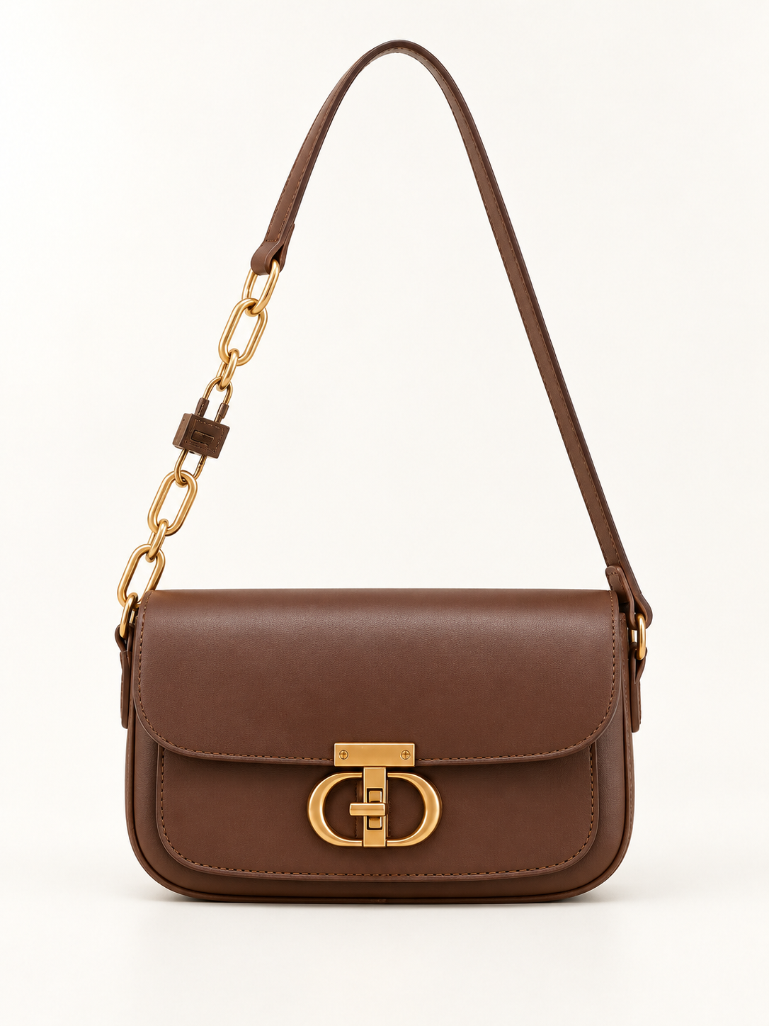 Maven Flap Shoulder Bag in Brown — studio view showing material and hardware.
