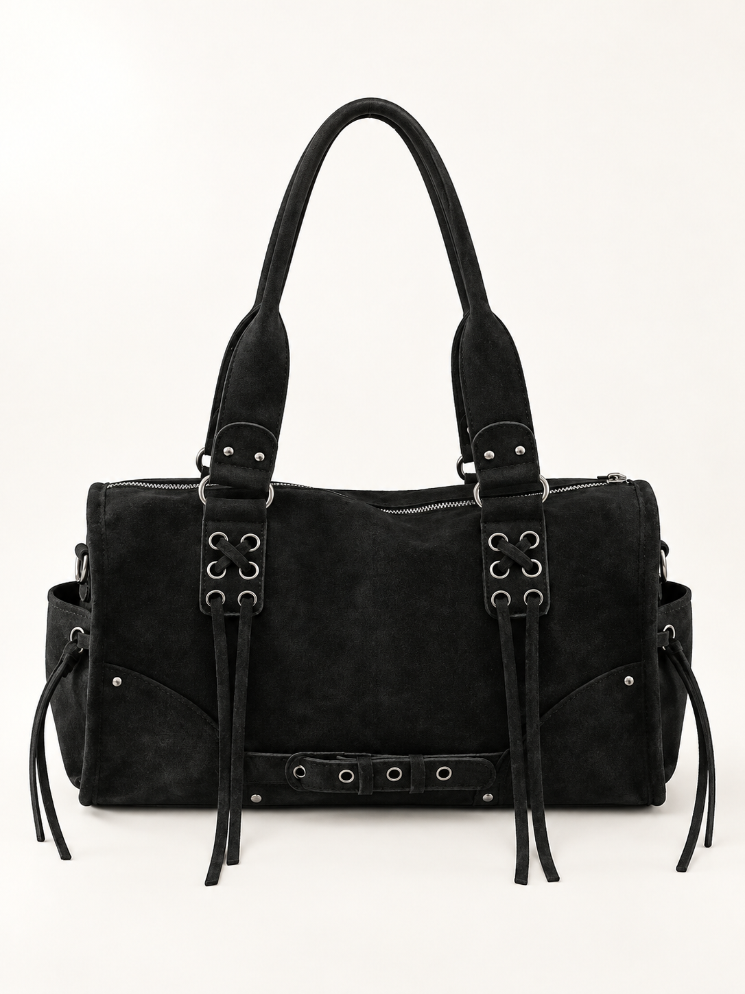Maven Lace-Up Shoulder Bag in Black — studio view showing material and hardware.