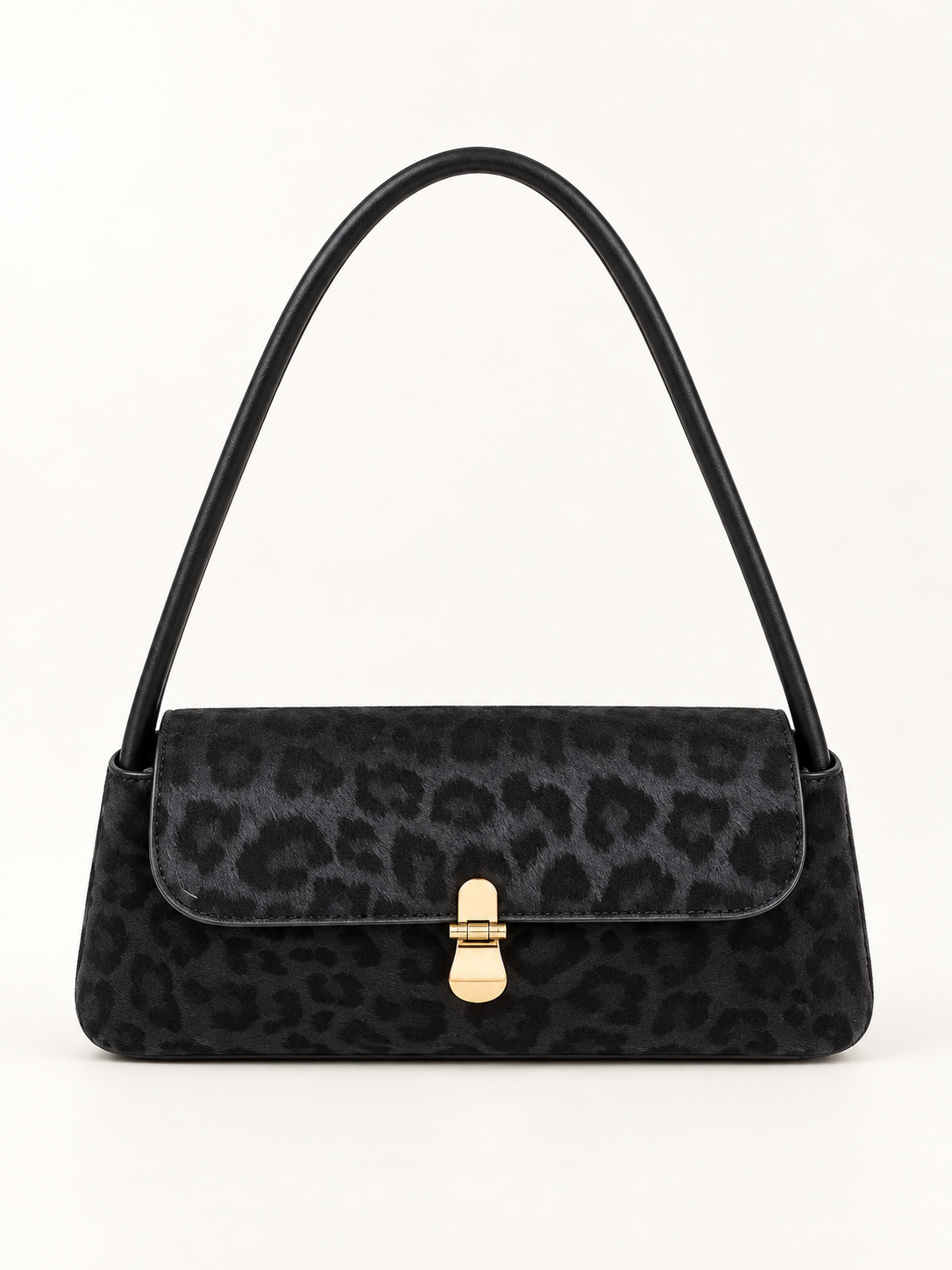 Maven Leopard Suede Shoulder Bag in Black — studio view showing material and hardware.
