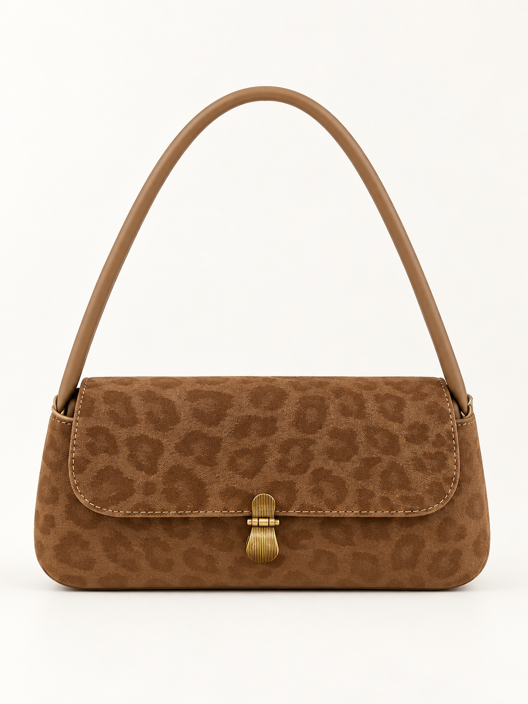 Maven Leopard Suede Shoulder Bag in Brown — studio view showing material and hardware.