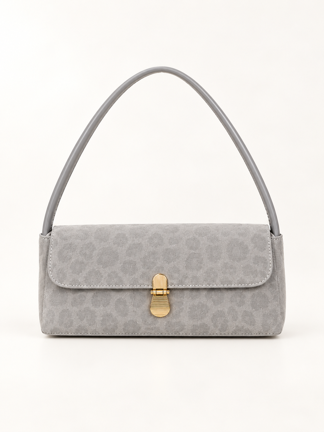 Maven Leopard Suede Shoulder Bag in Gray — studio view showing material and hardware.