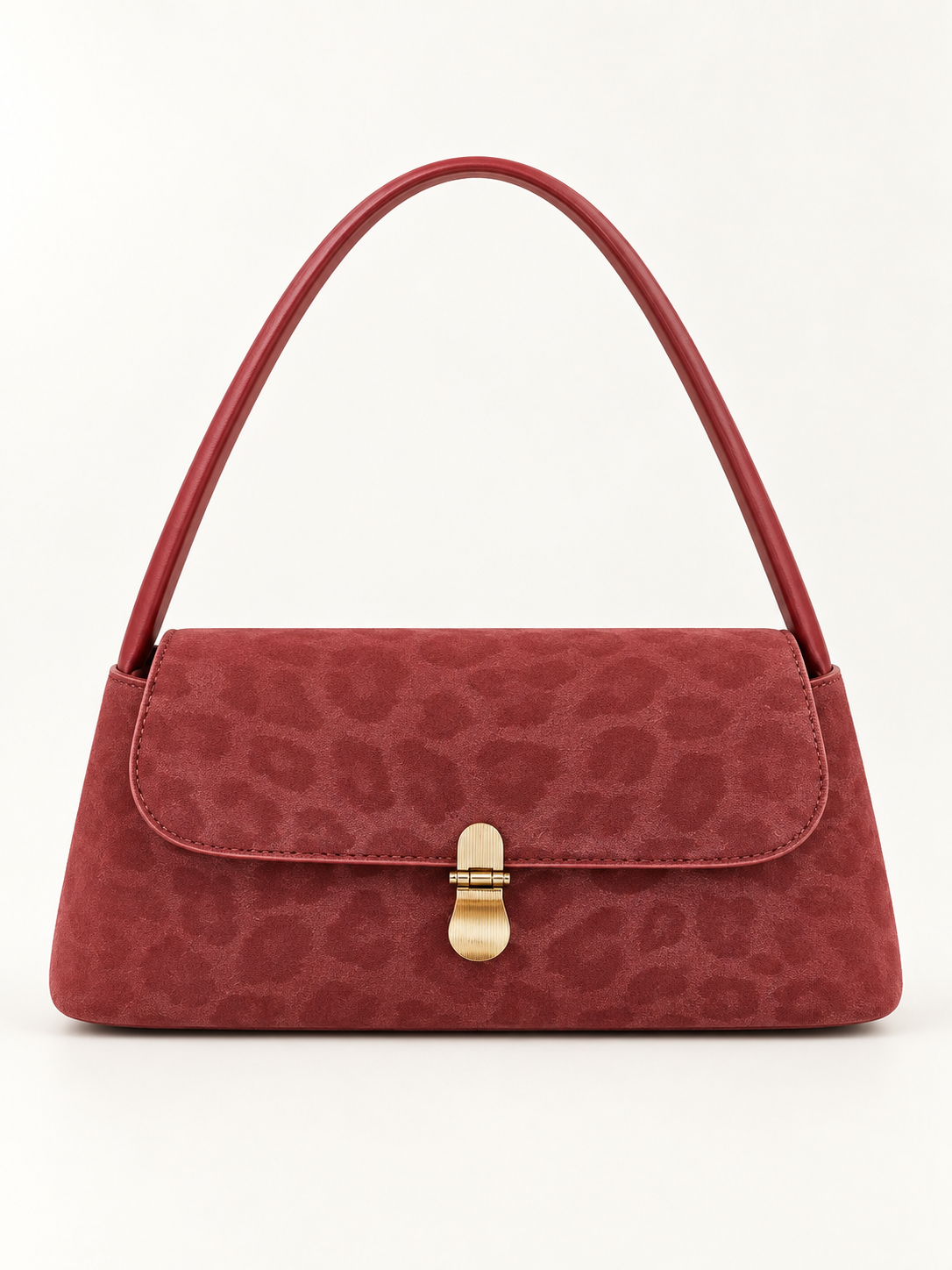 Maven Leopard Suede Shoulder Bag in Red — studio view showing material and hardware.