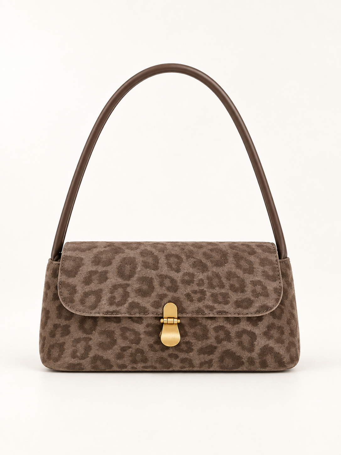Maven Leopard Suede Shoulder Bag in Taupe — studio view showing material and hardware.