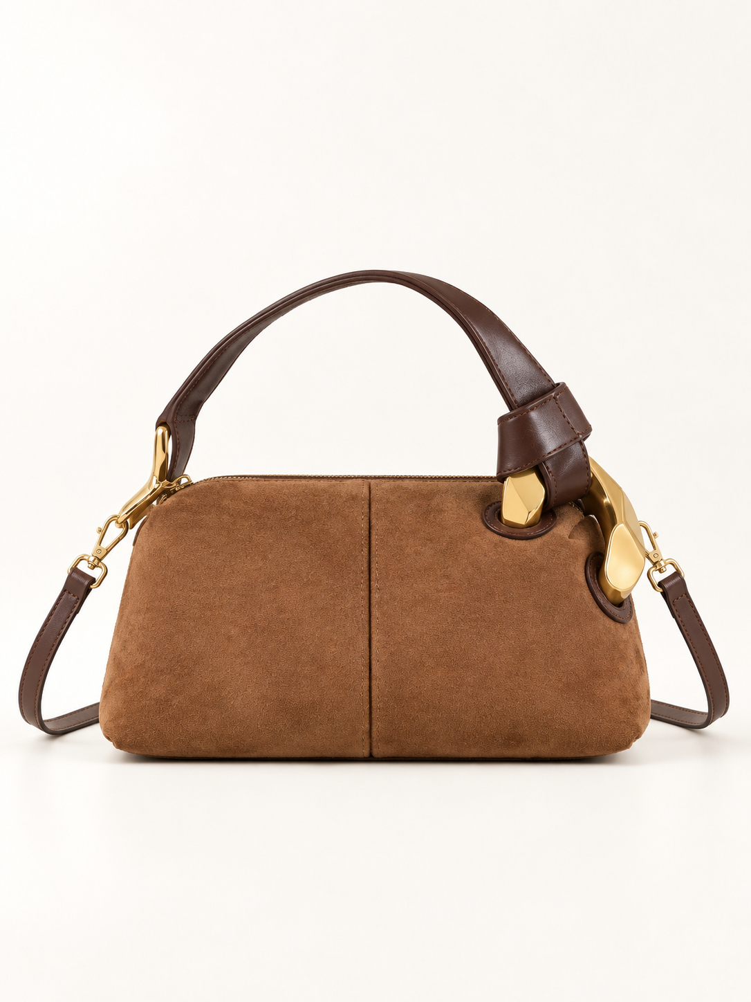 Maven Mini Suede Crossbody in Brown — studio view showing material and hardware.