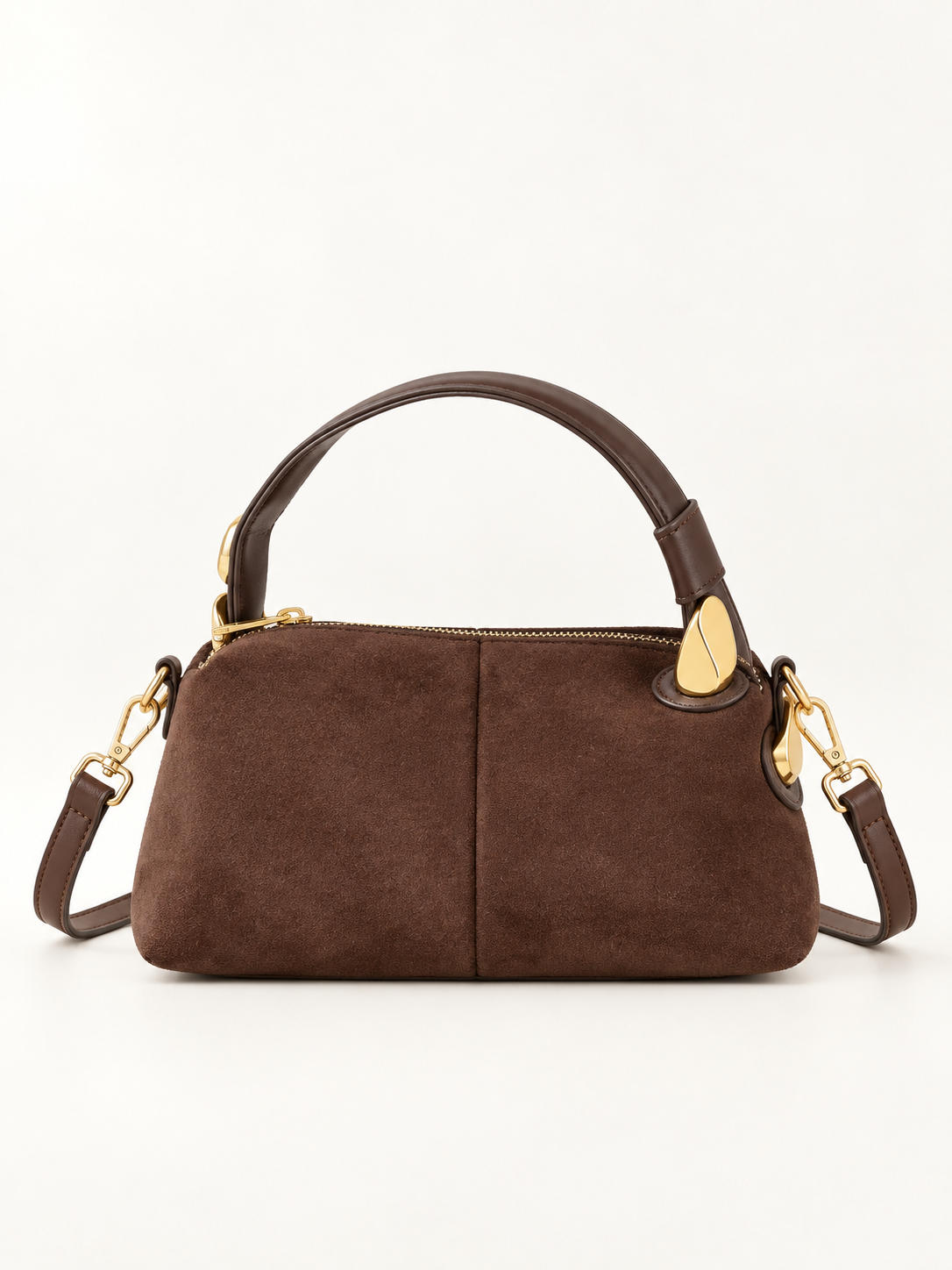 Maven Mini Suede Crossbody in Coffee Brown — studio view showing material and hardware.