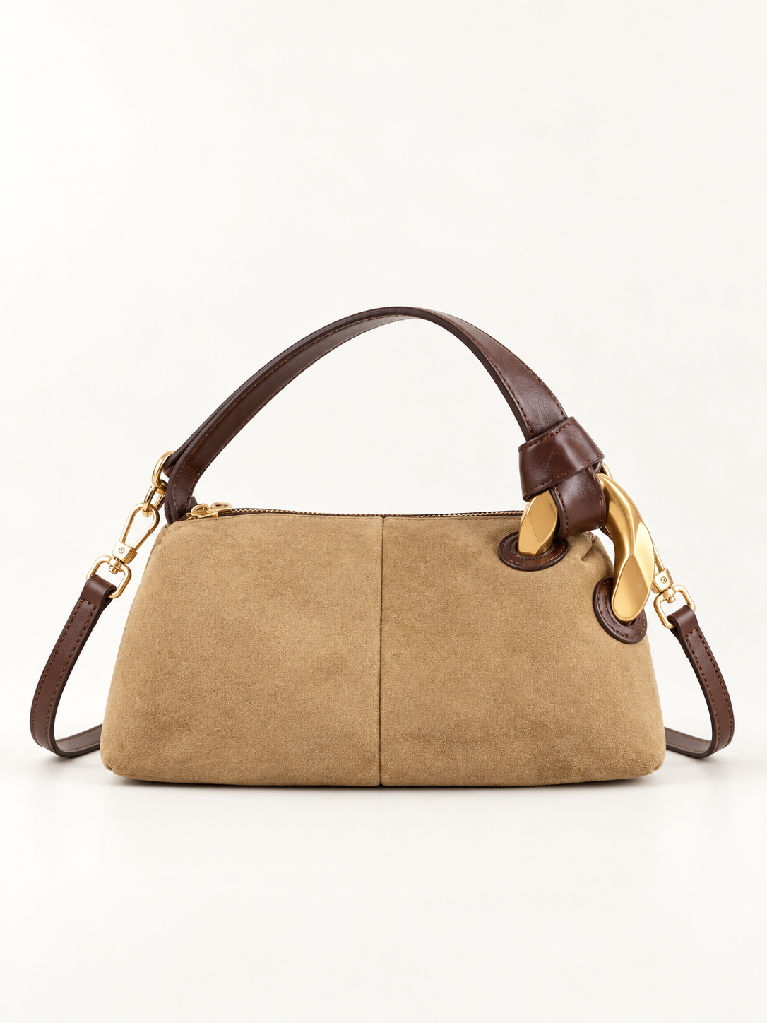 Maven Mini Suede Crossbody in Khaki — studio view showing material and hardware.