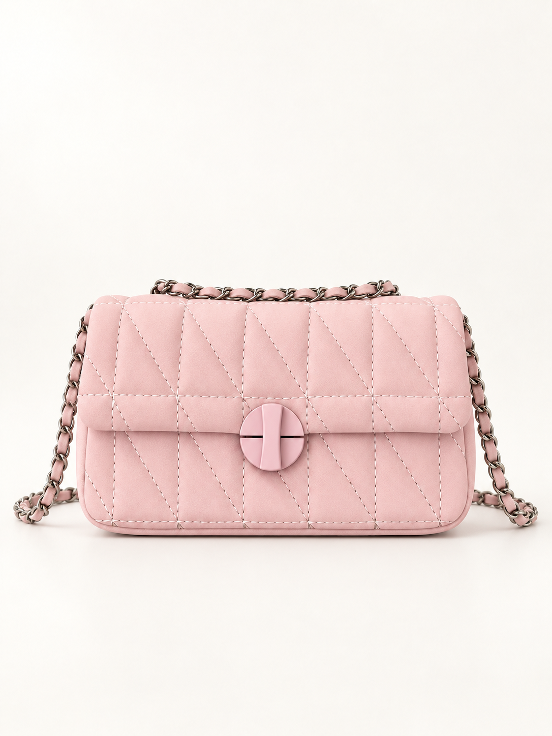Maven Quilted Chain Bag in Pink — studio view showing material and hardware.