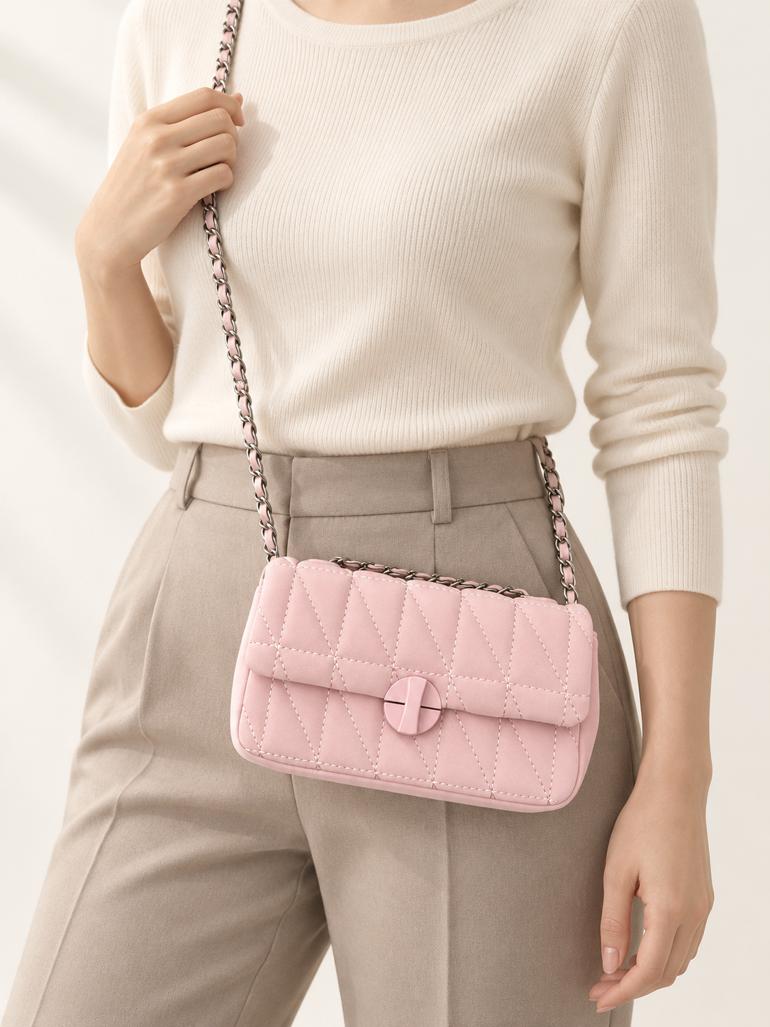 Maven Quilted Chain Bag in Pink — worn with a neutral outfit to show scale and material.