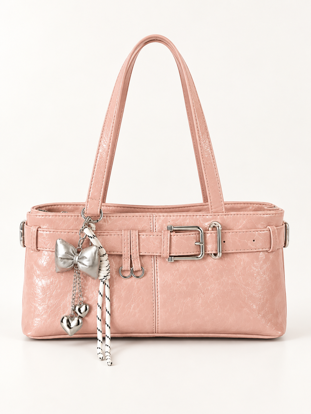 Maven Structured Shoulder Bag in Blush Pink — studio view showing material and hardware.