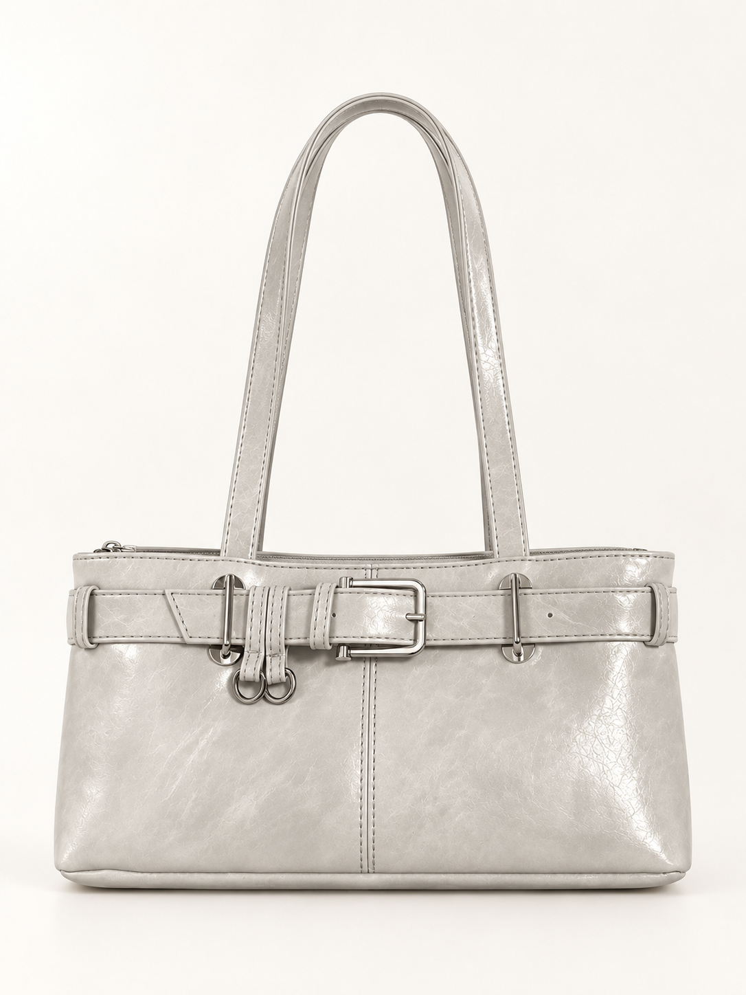 Maven Structured Shoulder Bag in Gray — studio view showing material and hardware.