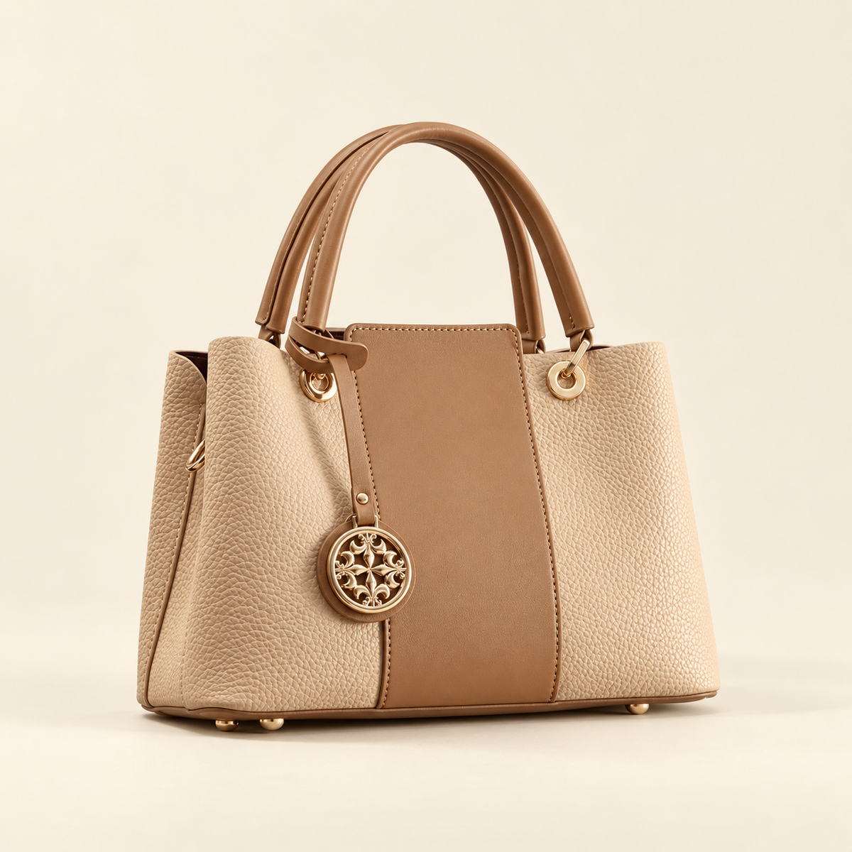 Two-Tone Leather Top Handle Handbag — studio view