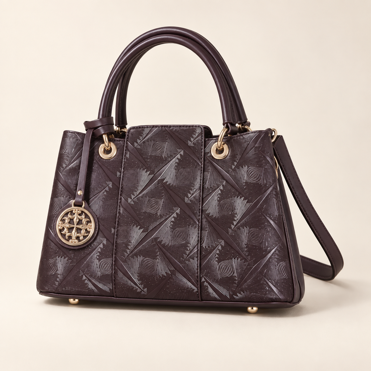 Embossed Pattern Leather Top Handle Handbag — studio view