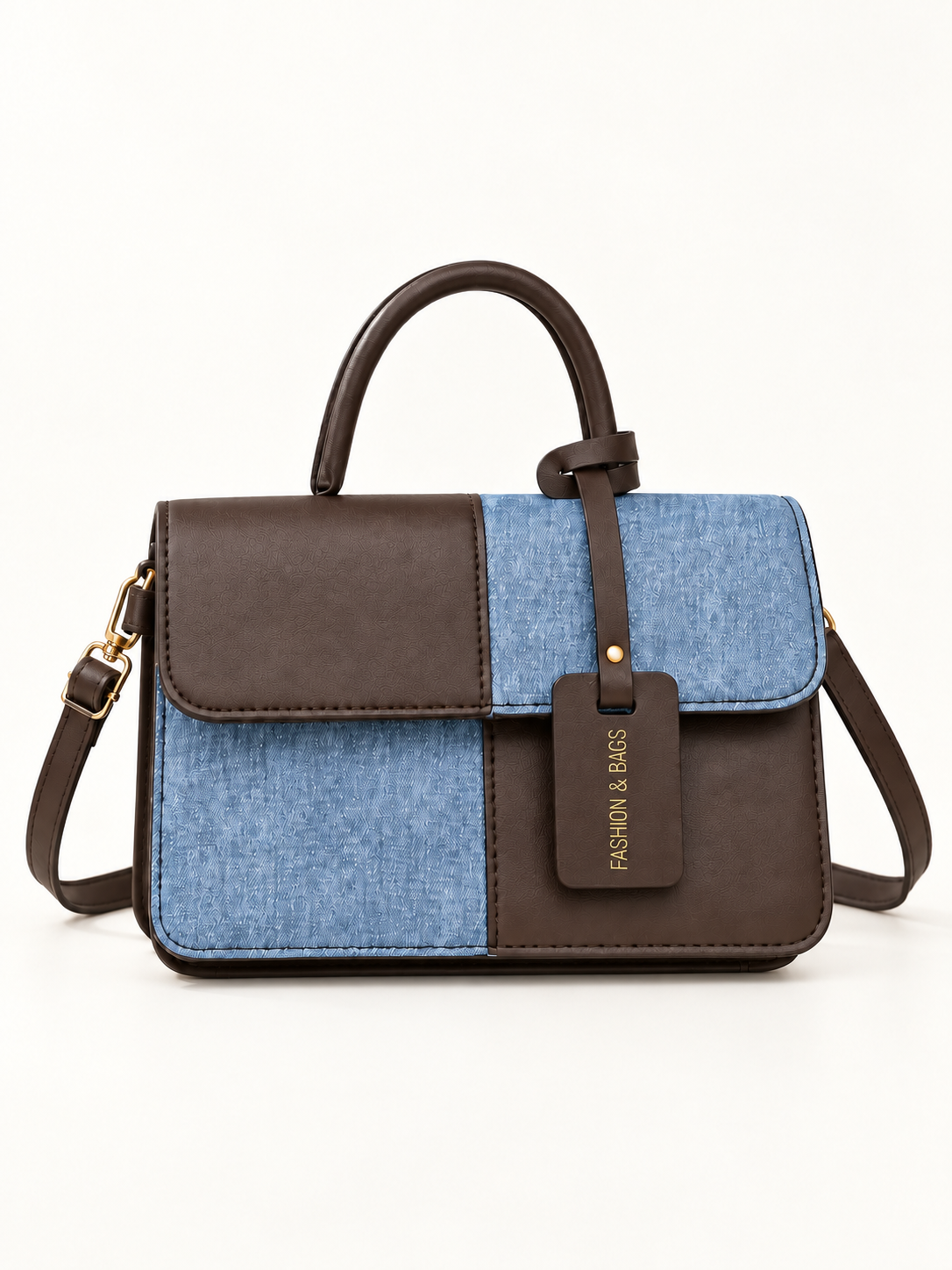 Maven Two-Tone Crossbody Bag in Curry — studio view showing material and hardware.