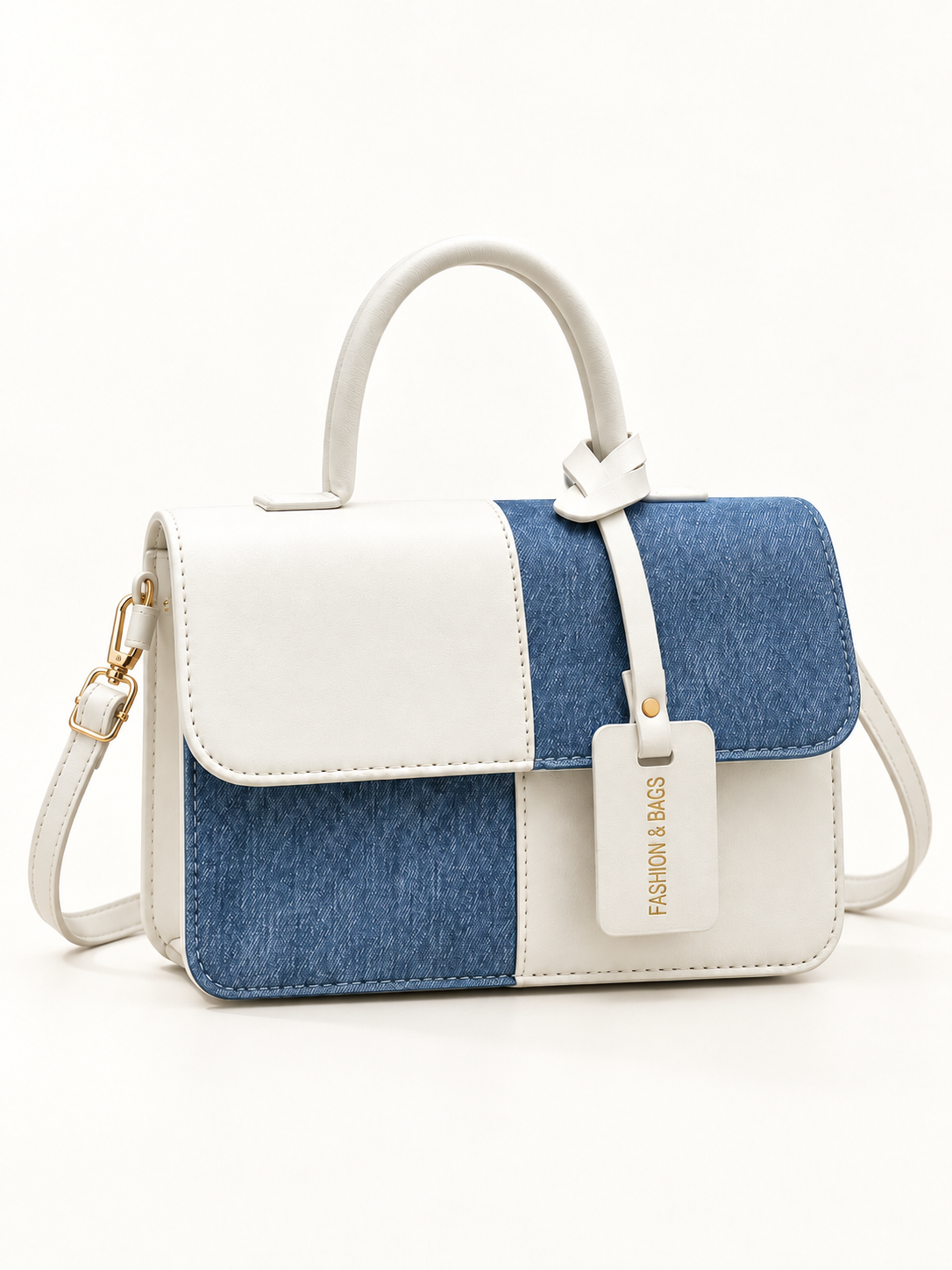 Maven Two-Tone Crossbody Bag in White — studio view showing material and hardware.