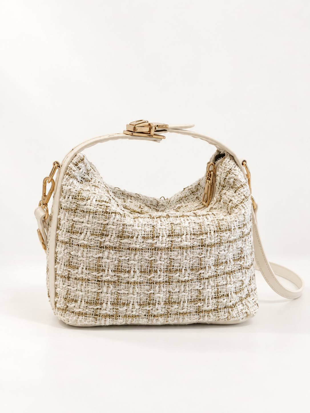 Maven Woven Shoulder Bag in Ivory — studio view showing material and hardware.