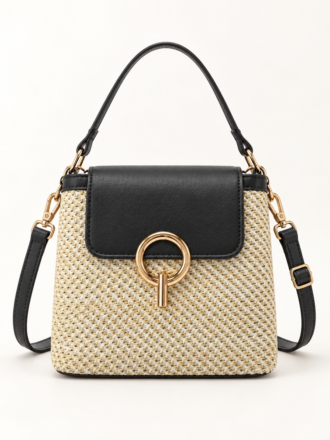 Maven Woven Straw Crossbody in Black — studio view showing material and hardware.