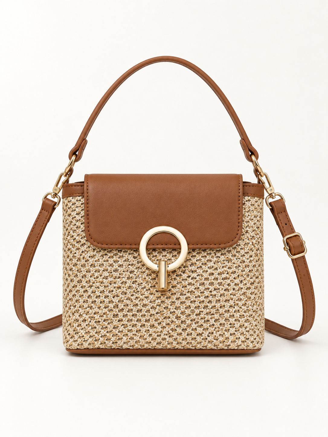Maven Woven Straw Crossbody in Brown — studio view showing material and hardware.