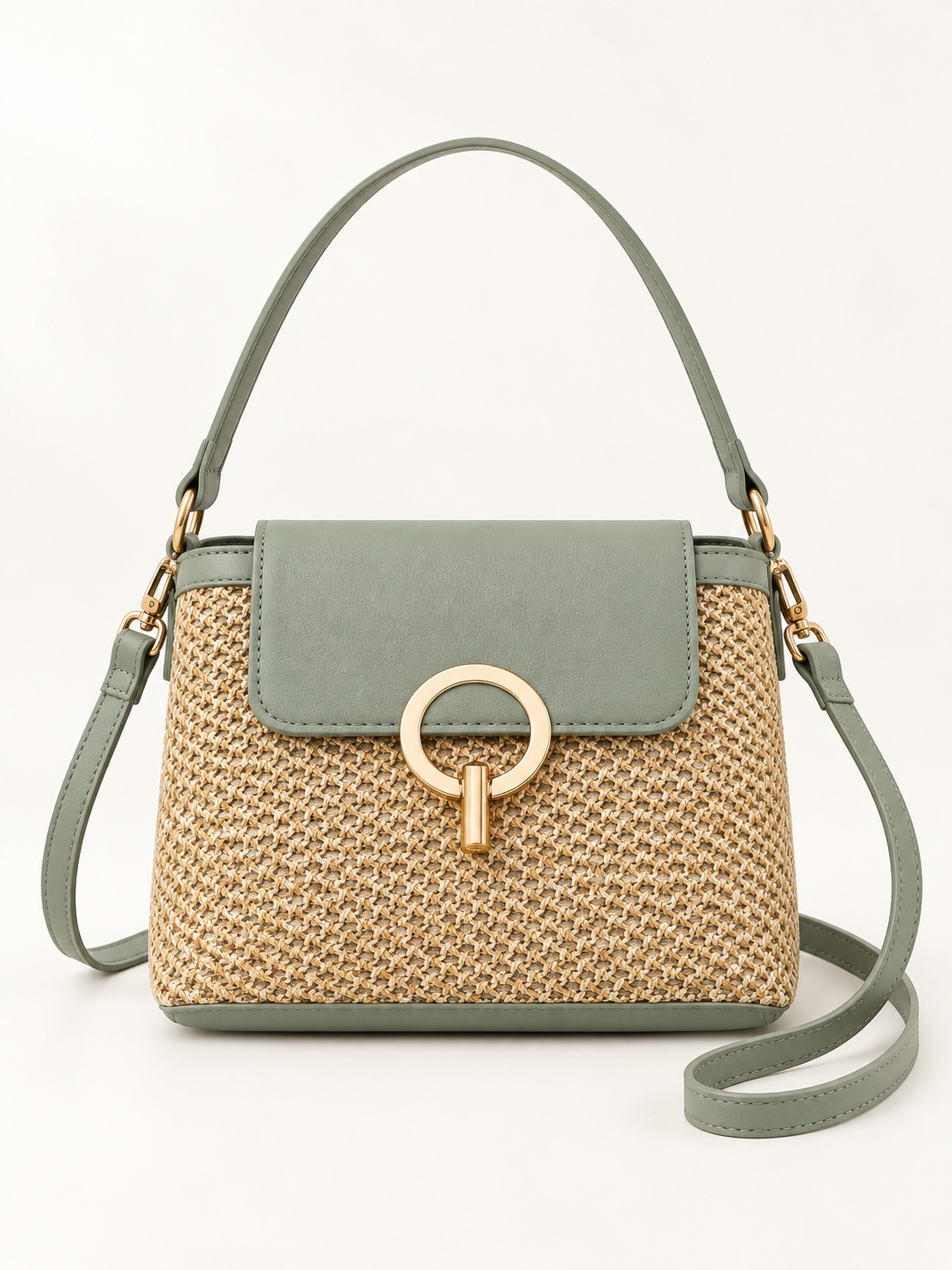 Maven Woven Straw Crossbody in Sage — studio view showing material and hardware.