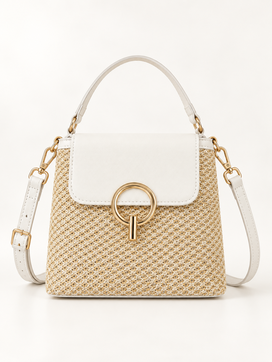 Maven Woven Straw Crossbody in White — studio view showing material and hardware.